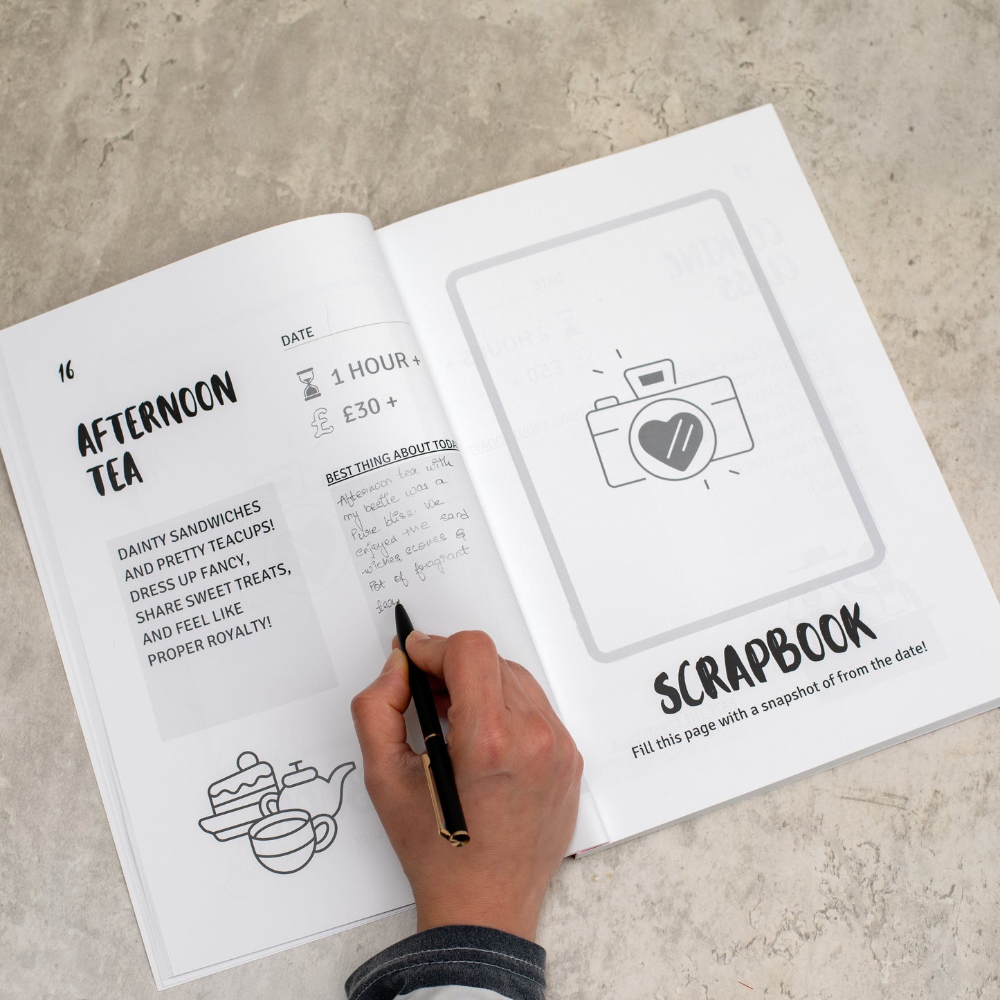 A page inside 99 dates to remember the bestie adventure guide featuring an afternoon tea page