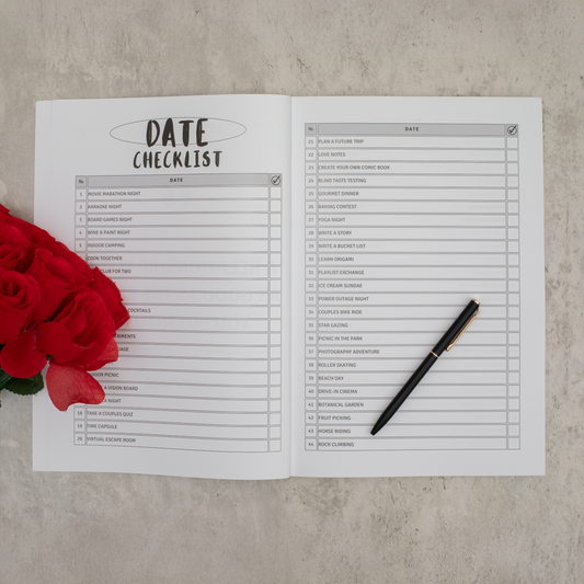 A checklist inside the book 99 dates to remember. Designed for couples looking to improve their relationships and get closer.