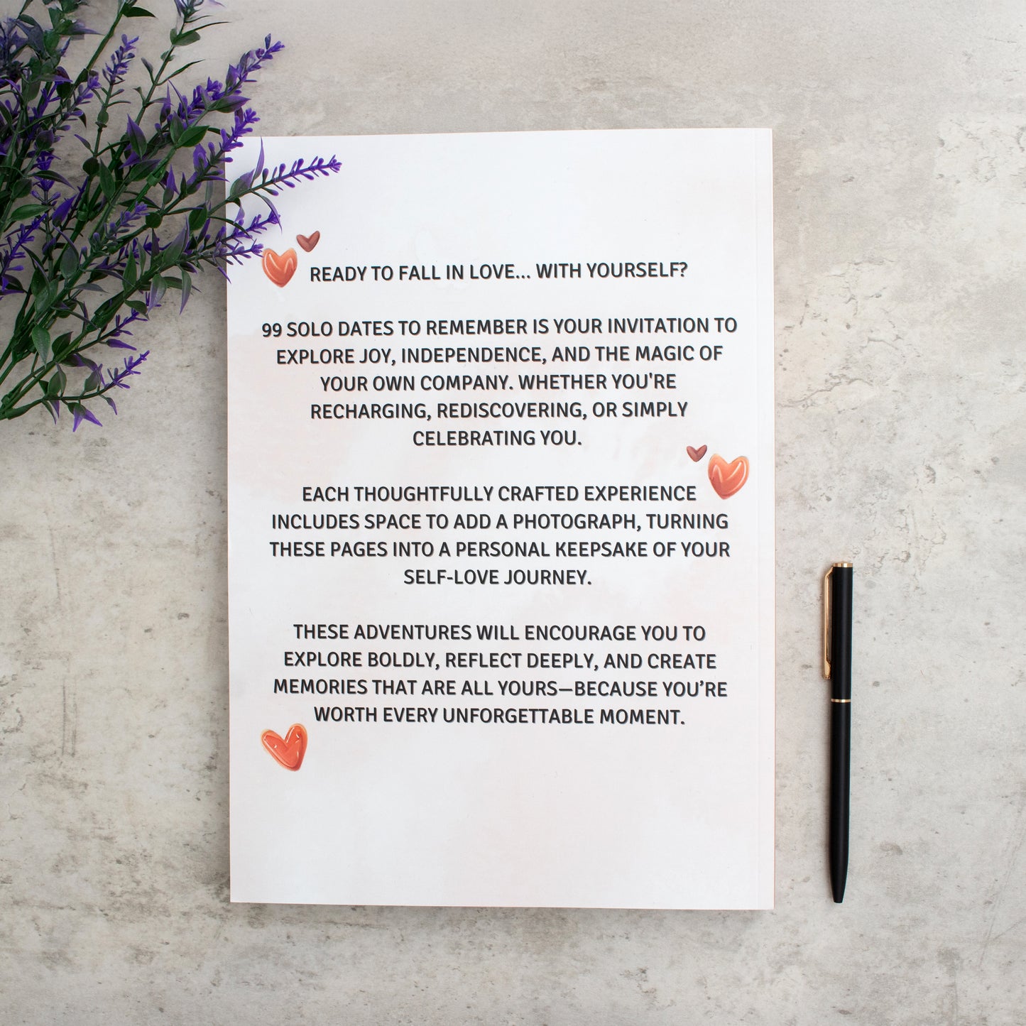 The blurb for 99 solo dates, designed to encourage you to explore joy, independence and enjoy your own company.