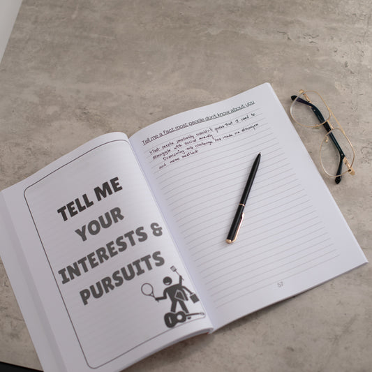 A page inside the dad tell me everything journal titled 'tell me your interests and pursuits'