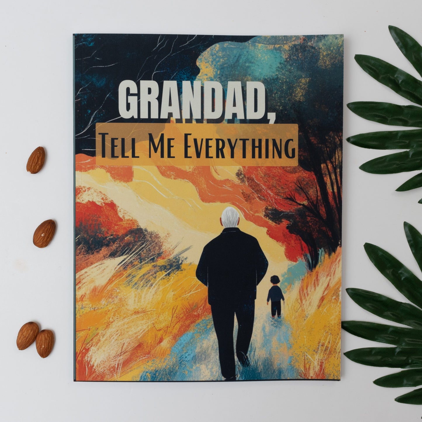 The front cover of grandad tell me everything on a kitchen countertop