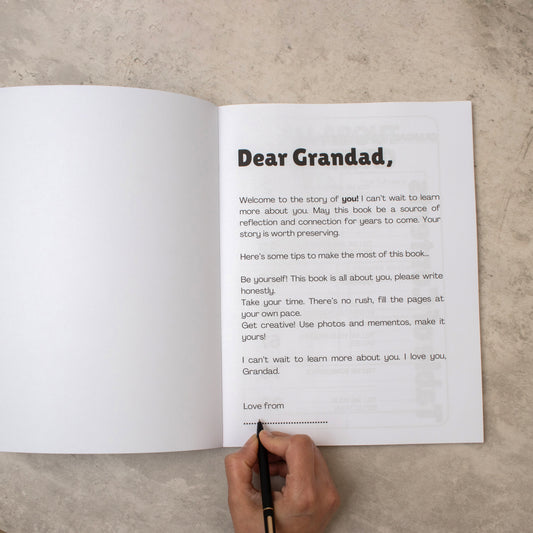 The first page of grandad tell me everything with a hand at the bottom