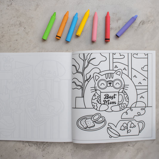 A page inside mom's day off featuring a cat, a colouring book created by EMF publishing who created 99 dates to remember