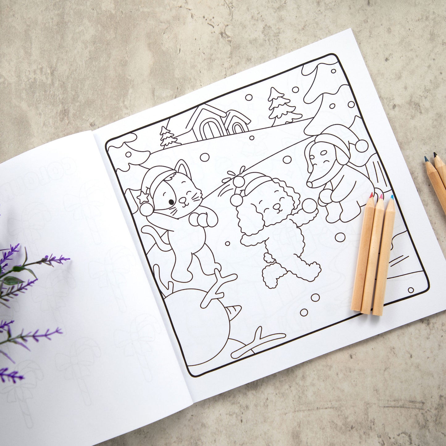 Dogs and Cats In Christmas Hats | Festive Colouring Book
