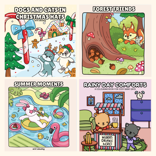 Cute & Cozy 4 Colouring Book Bundle + Free 40 Alcohol Markers (Includes Dogs & Cats In Christmas Hats/ Forest Friends/ Summer Moments/ Rainy Day Comforts)