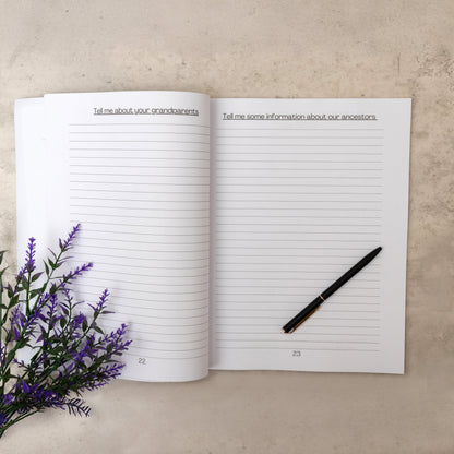 Prompts followed by lines inside the grandad tell me everything book, with purple flowers beside it 