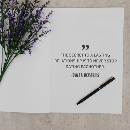 Quote reading "the secret to a lasting relationship is to never stop dating each other" inside the 99 dates to remember journal 